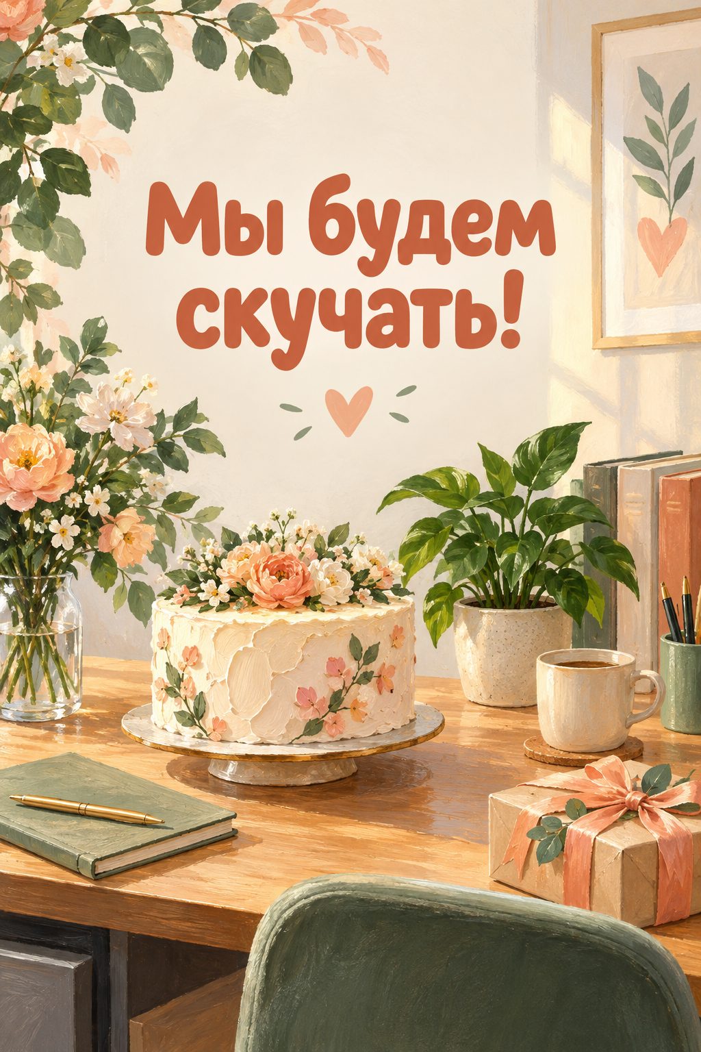 Открытка с выходом на пенсию: рабочий стол с цветами и прощальным тортом, надпись «Мы будем скучать!»