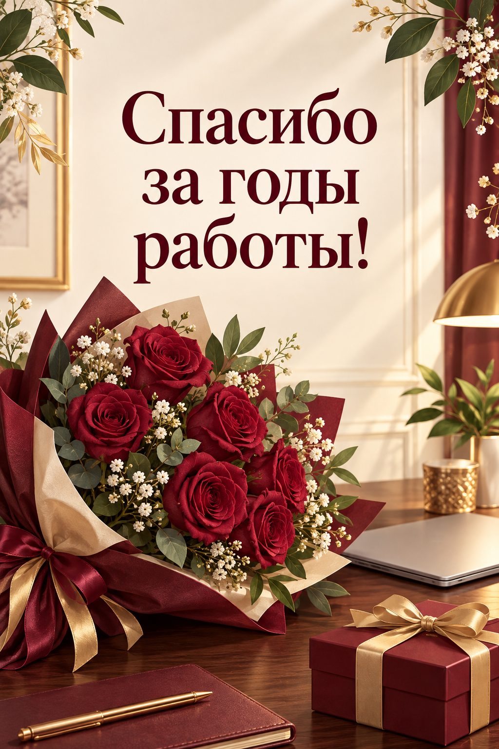 Открытка с выходом на пенсию: букет красных роз и подарок на рабочем столе, надпись «Спасибо за годы работы!»
