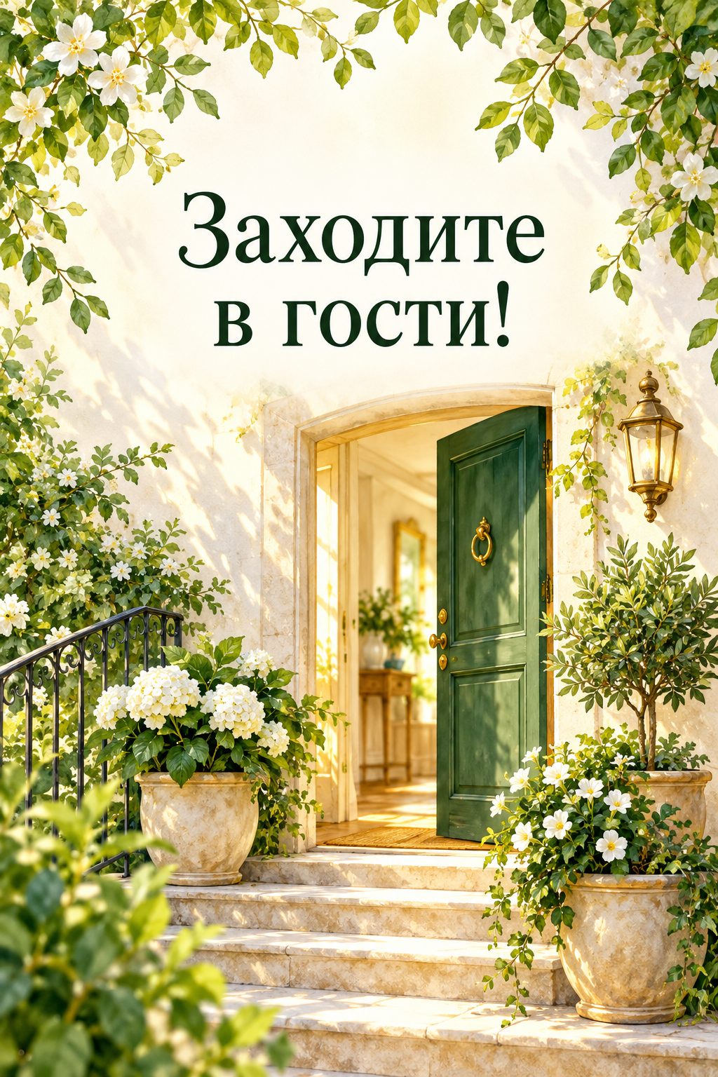 Открытка с выходом на пенсию: открытая дверь, солнечный свет и цветы в горшках, надпись «Заходите в гости!»