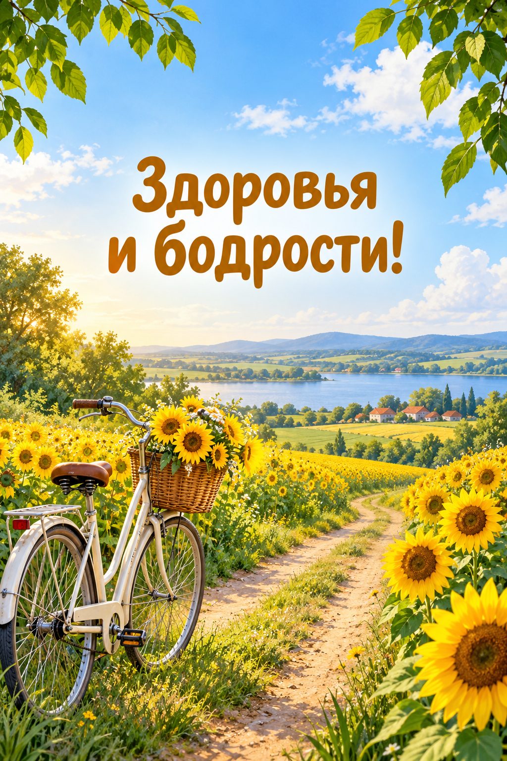 Открытка с выходом на пенсию: велосипед на дороге среди подсолнухов, надпись «Здоровья и бодрости!»