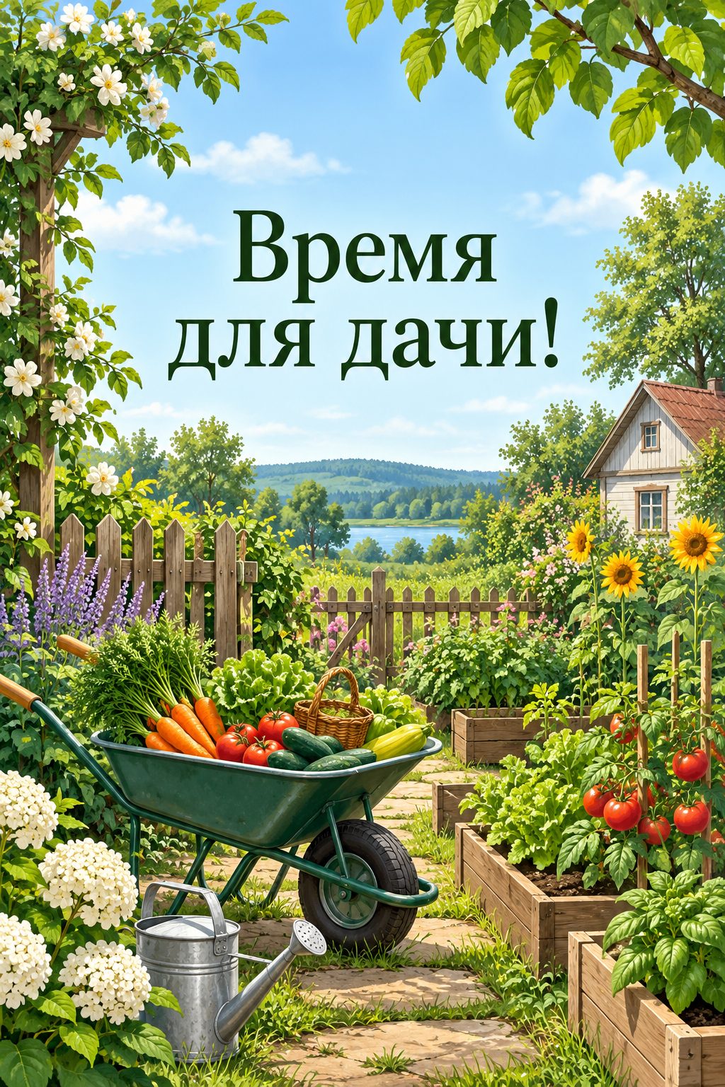 Открытка с выходом на пенсию: дачный огород с грядками и тачкой, надпись «Время для дачи!»