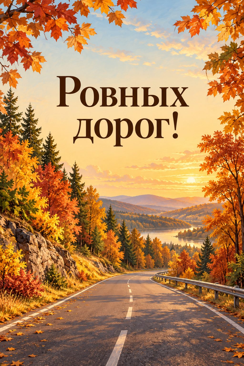Открытка с выходом на пенсию: дорога через осенний лес, надпись «Ровных дорог!»
