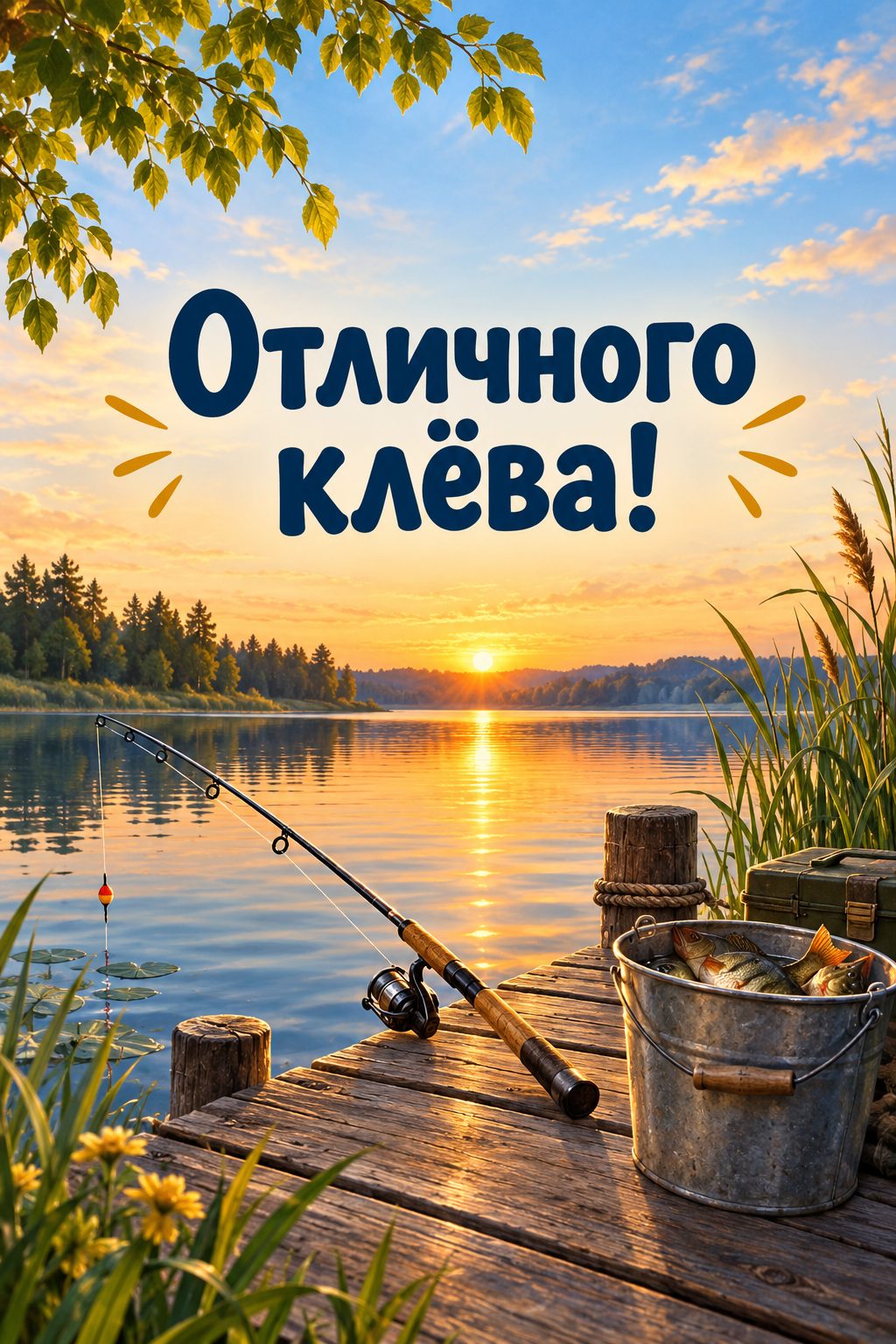 Открытка с выходом на пенсию: удочка и ведро на деревянном причале, надпись «Отличного клёва!»