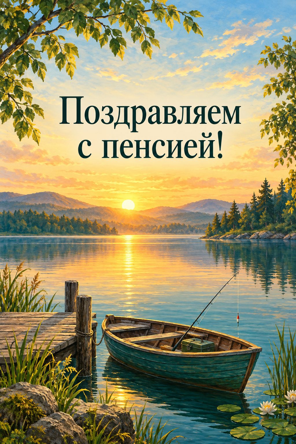 Открытка с выходом на пенсию: лодка на спокойном озере на рассвете, надпись «Поздравляем с пенсией!»