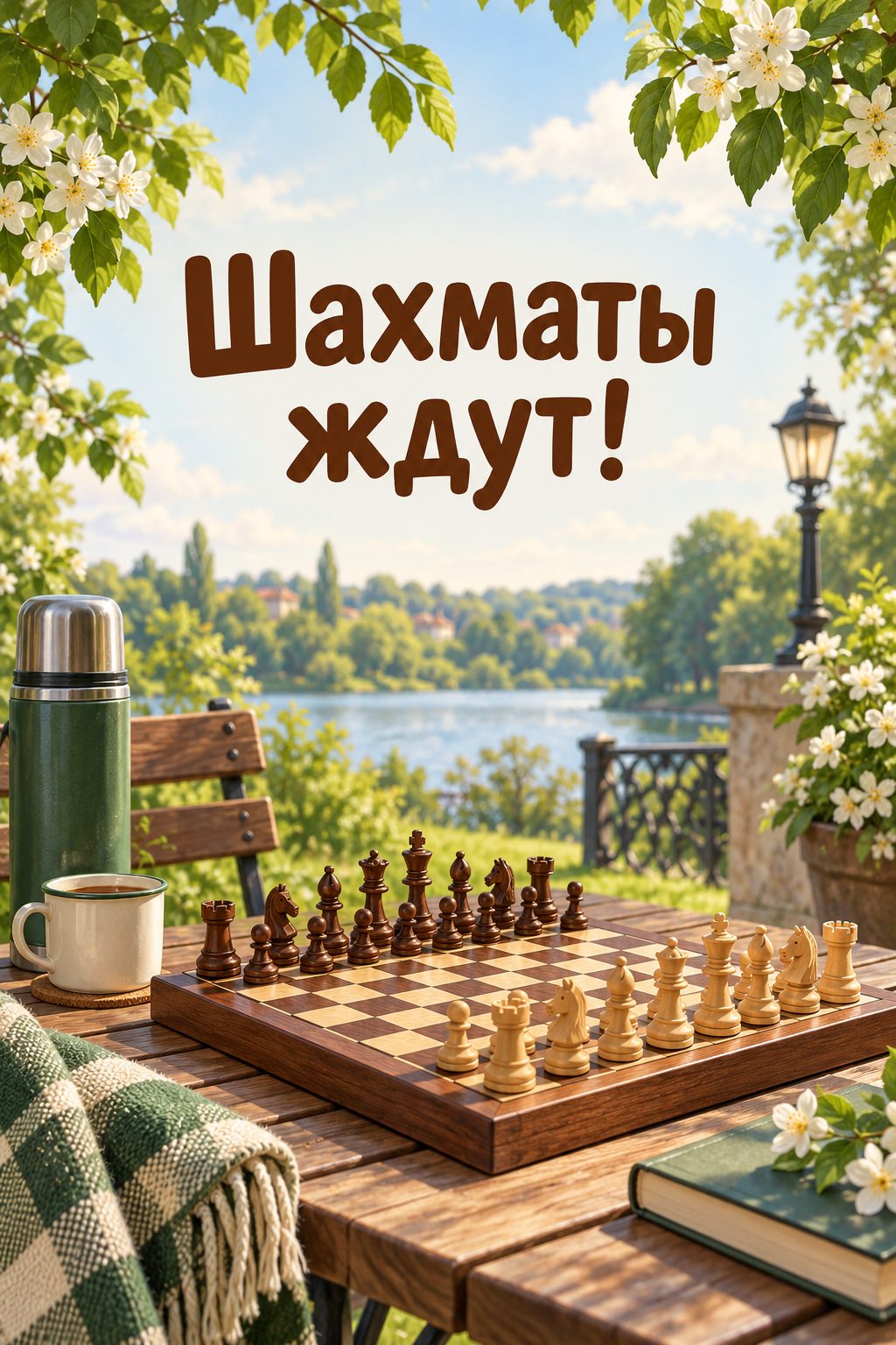 Открытка с выходом на пенсию: шахматы на столе в парке и термос, надпись «Шахматы ждут!»
