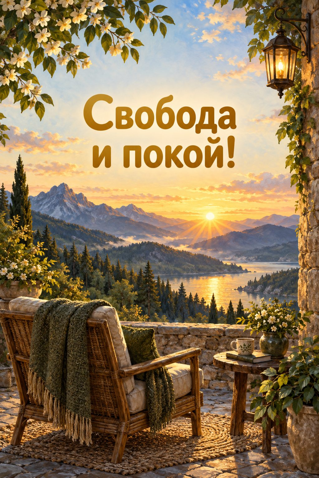 Открытка с выходом на пенсию: кресло с видом на горы на рассвете, надпись «Свобода и покой!»