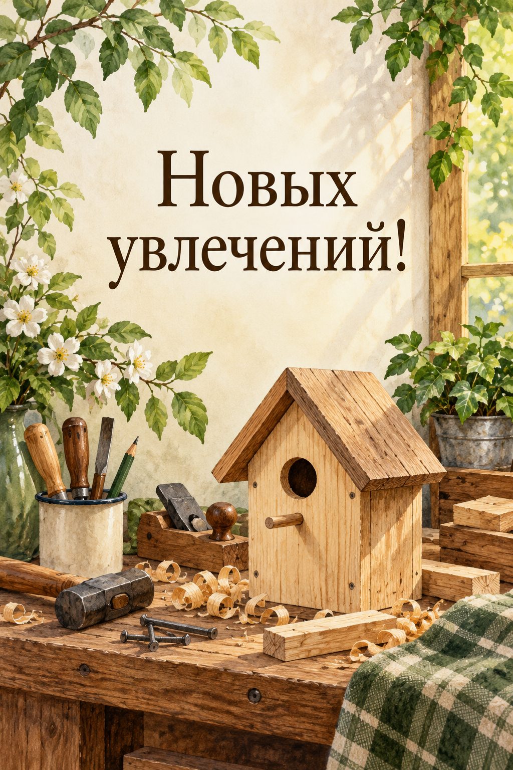 Открытка с выходом на пенсию: верстак с инструментами и недостроенным скворечником, надпись «Новых увлечений!»