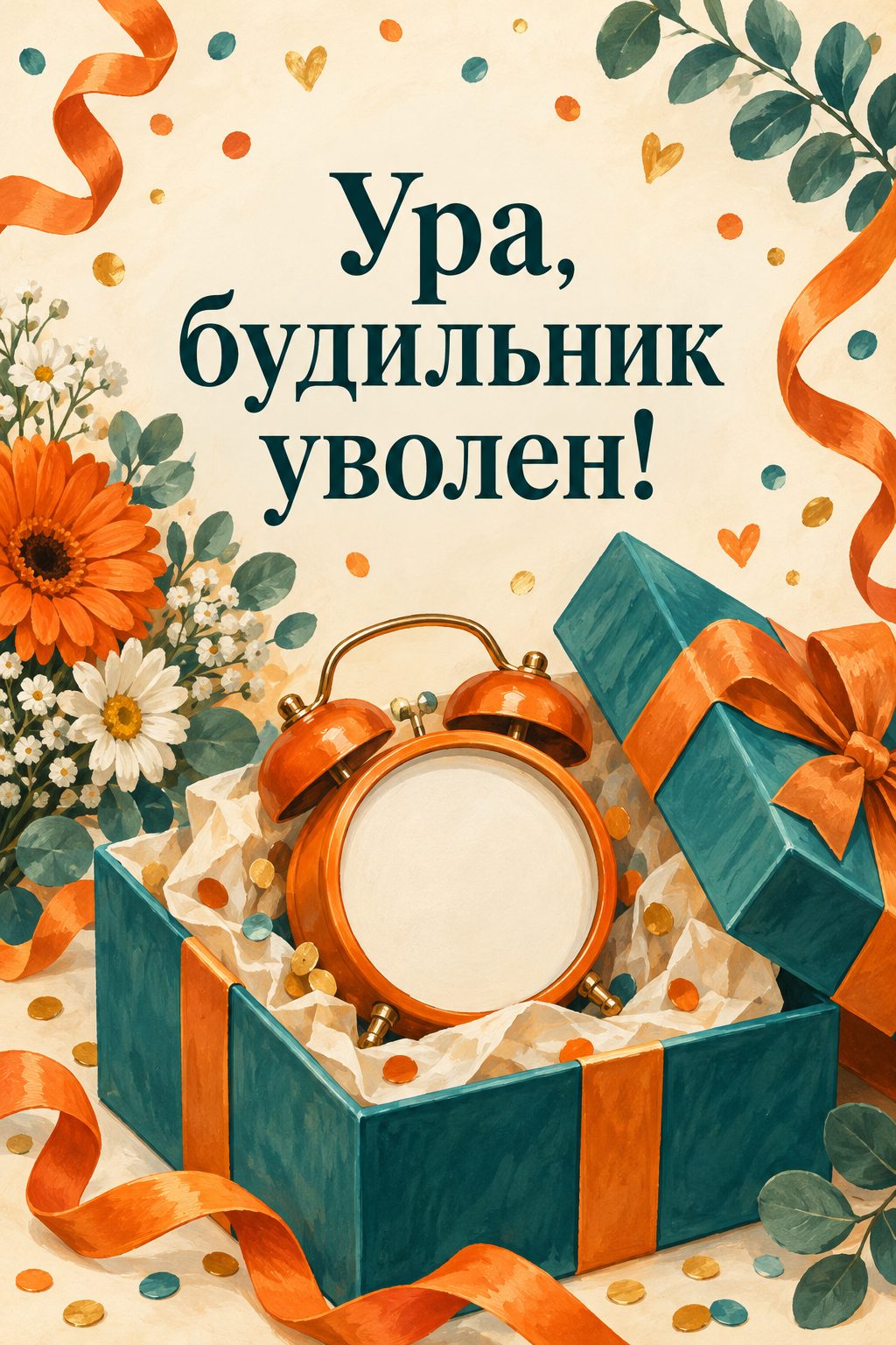 Открытка с выходом на пенсию: будильник в подарочной коробке с конфетти, надпись «Ура, будильник уволен!»