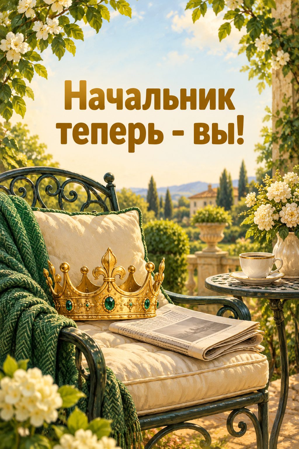 Открытка с выходом на пенсию: золотая корона на садовом кресле и газета, надпись «Начальник теперь - вы!»
