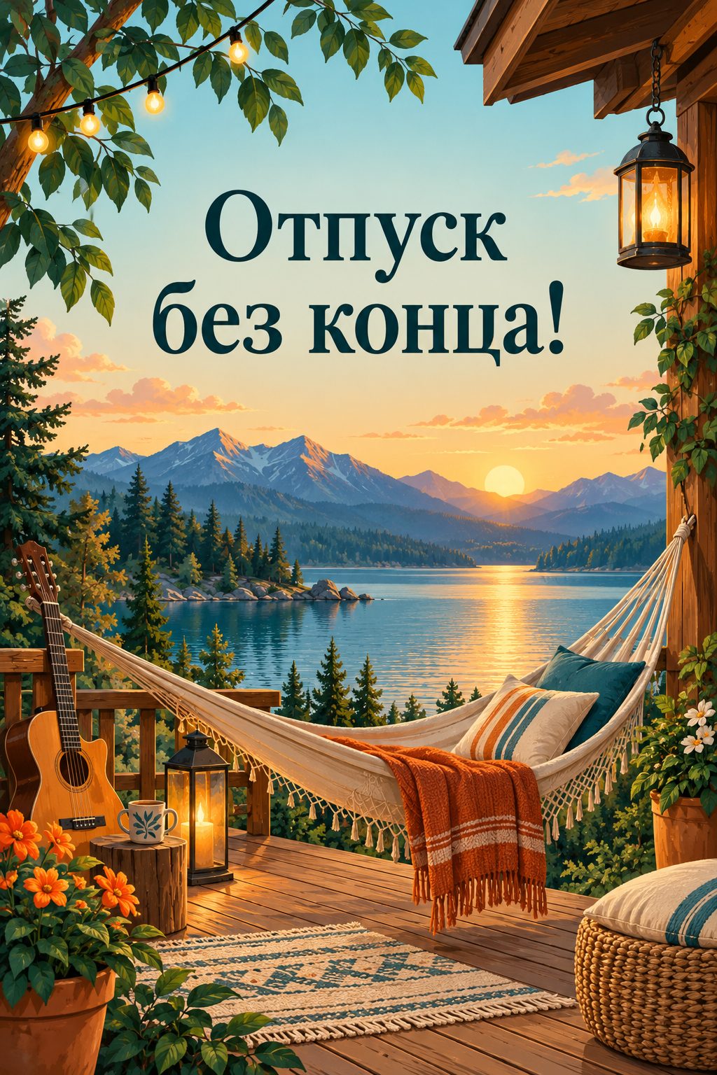 Открытка с выходом на пенсию: веранда домика у горного озера с гамаком и гитарой, надпись «Отпуск без конца!»