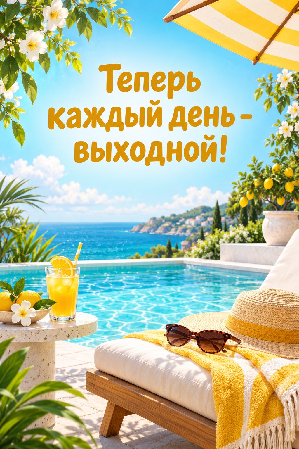 Открытка с выходом на пенсию: шезлонг у бассейна, очки и стакан сока, надпись «Теперь каждый день - выходной!»