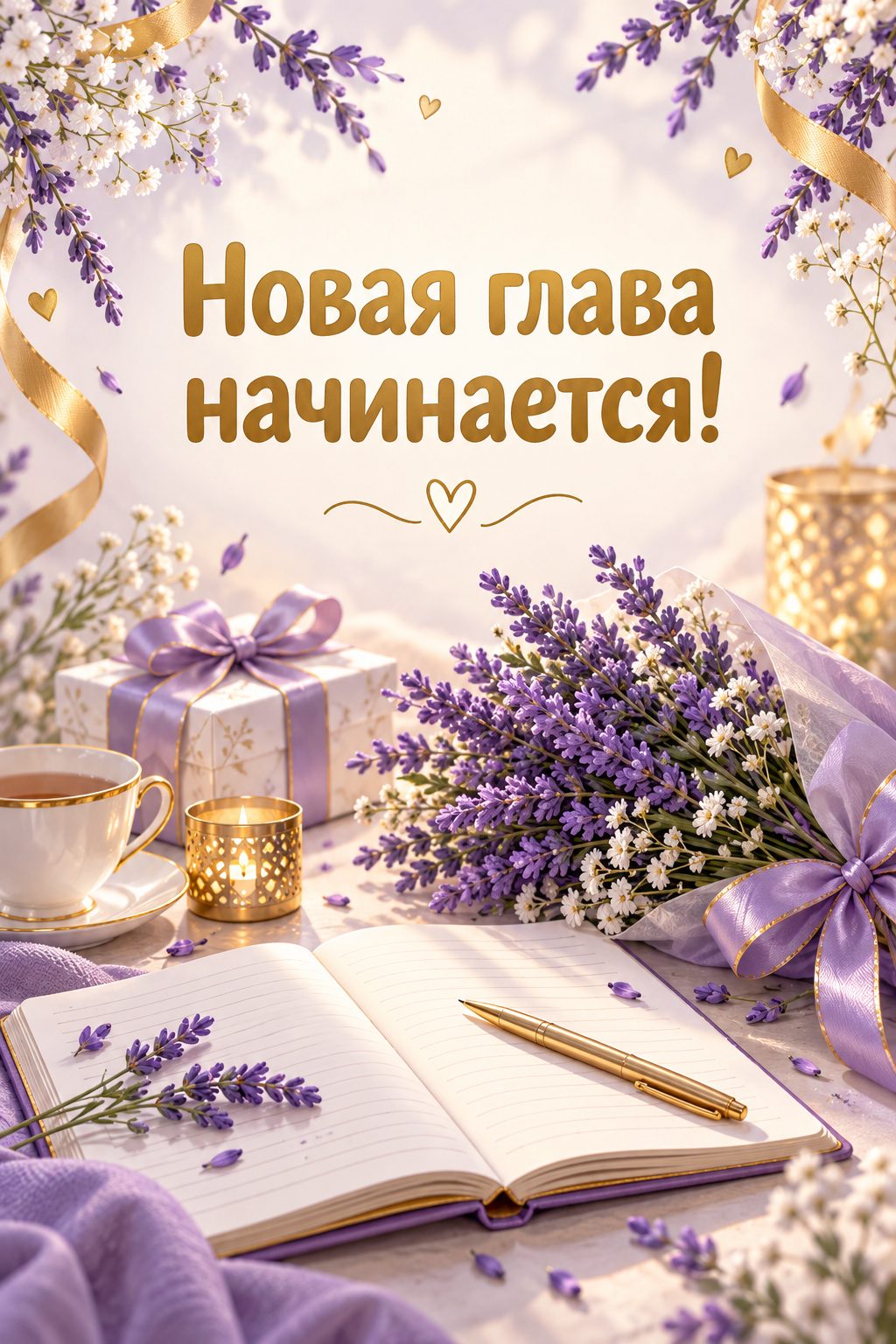 Открытка с выходом на пенсию: раскрытый блокнот с ручкой и букет лаванды, надпись «Новая глава начинается!»