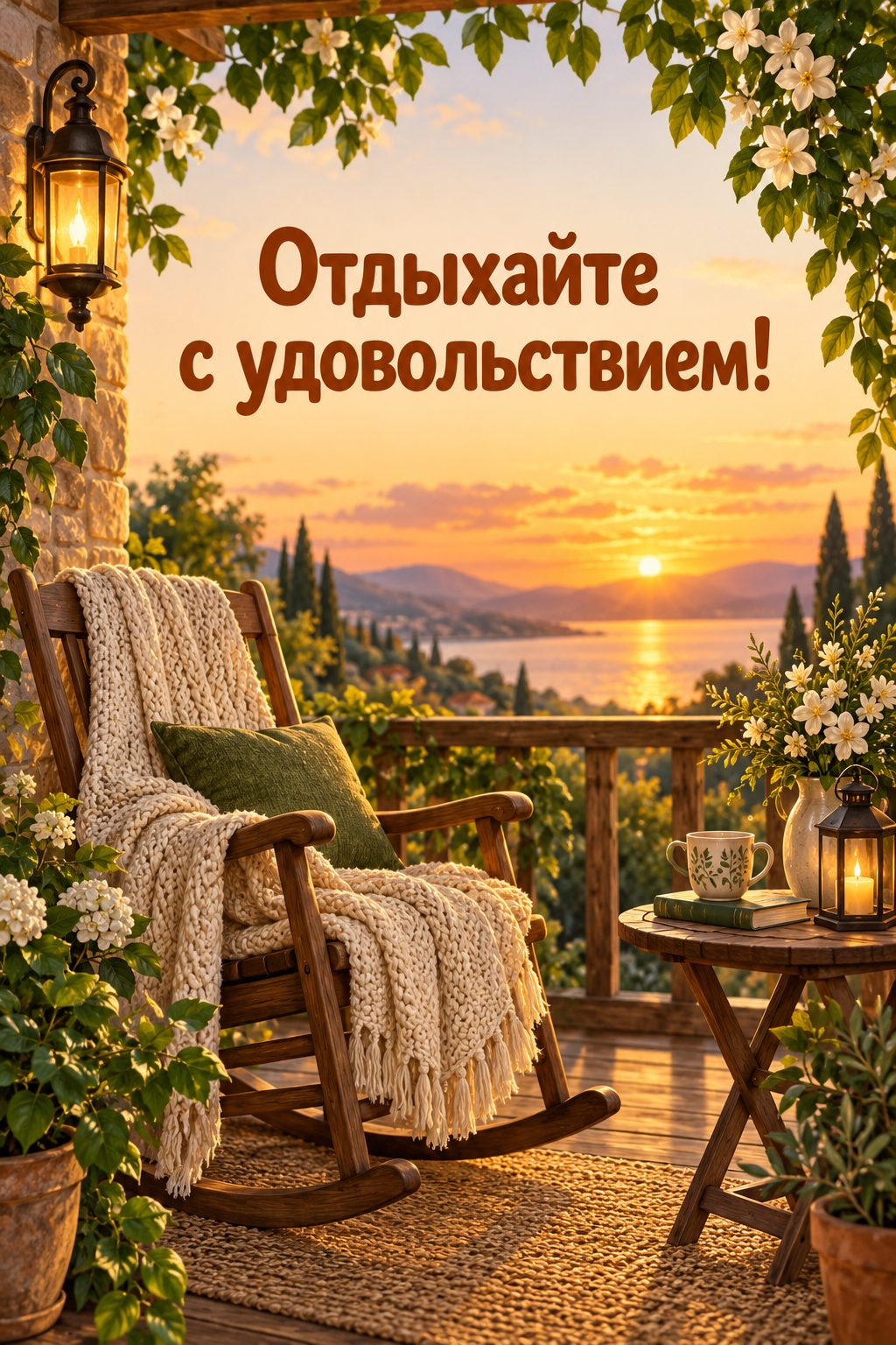 Открытка с выходом на пенсию: кресло-качалка с вязаным пледом на веранде на закате, надпись «Отдыхайте с удовольствием!»