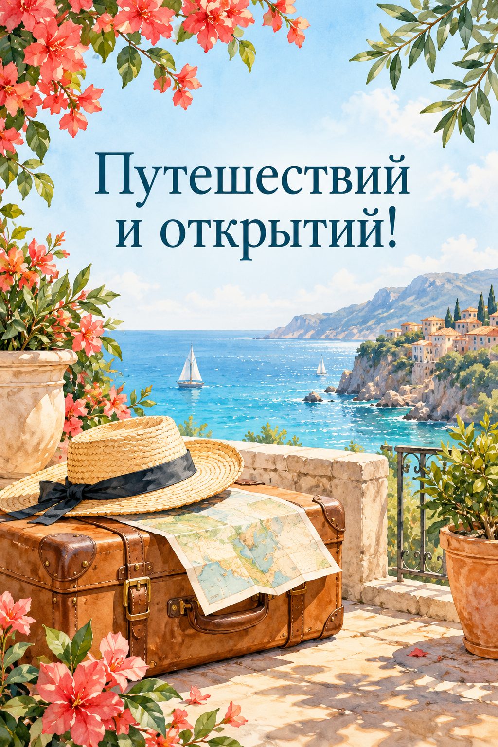 Открытка с выходом на пенсию: чемодан, соломенная шляпа и карта на террасе у моря, надпись «Путешествий и открытий!»