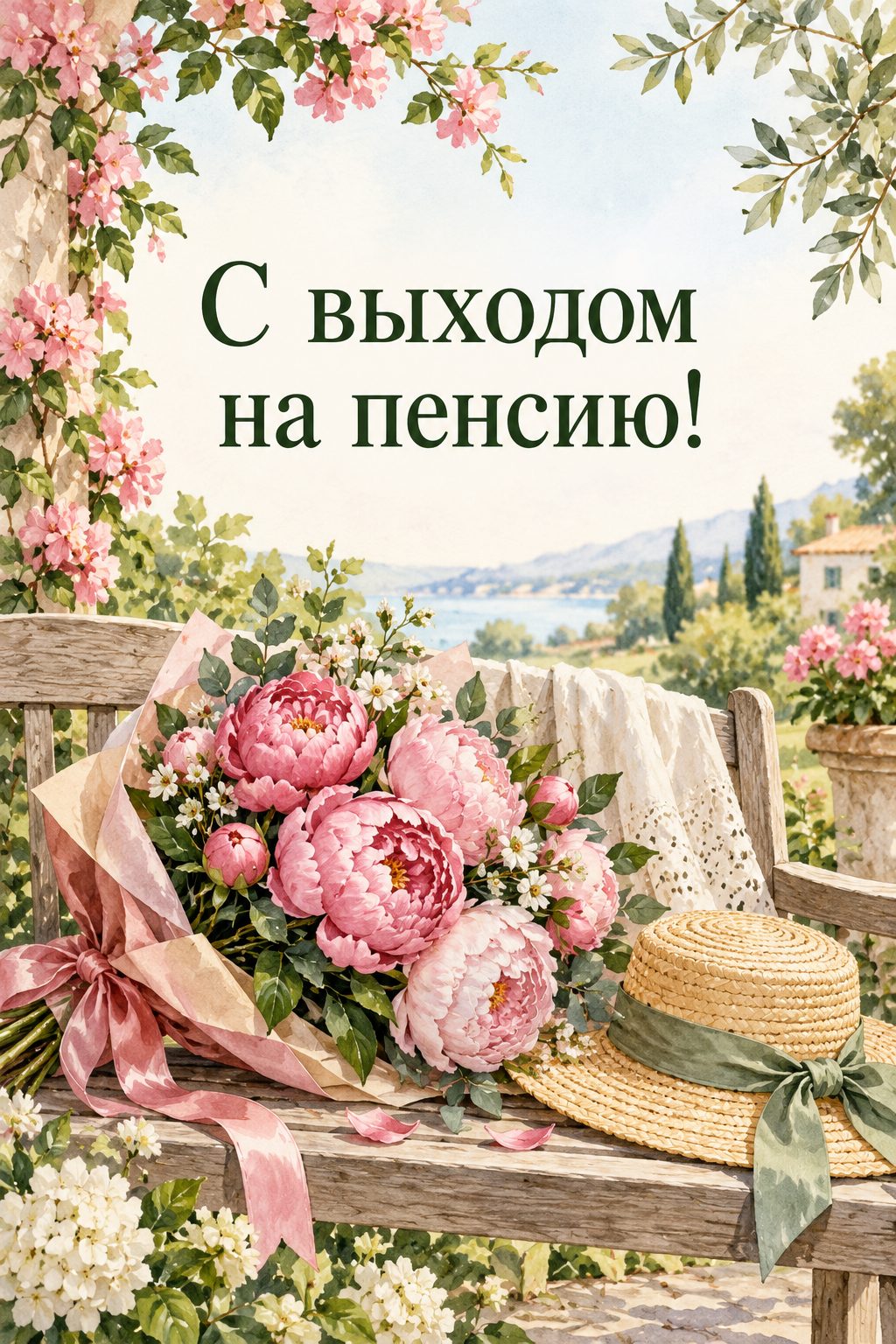 Открытка с выходом на пенсию: букет пионов и соломенная шляпа на садовой скамейке, надпись «С выходом на пенсию!»