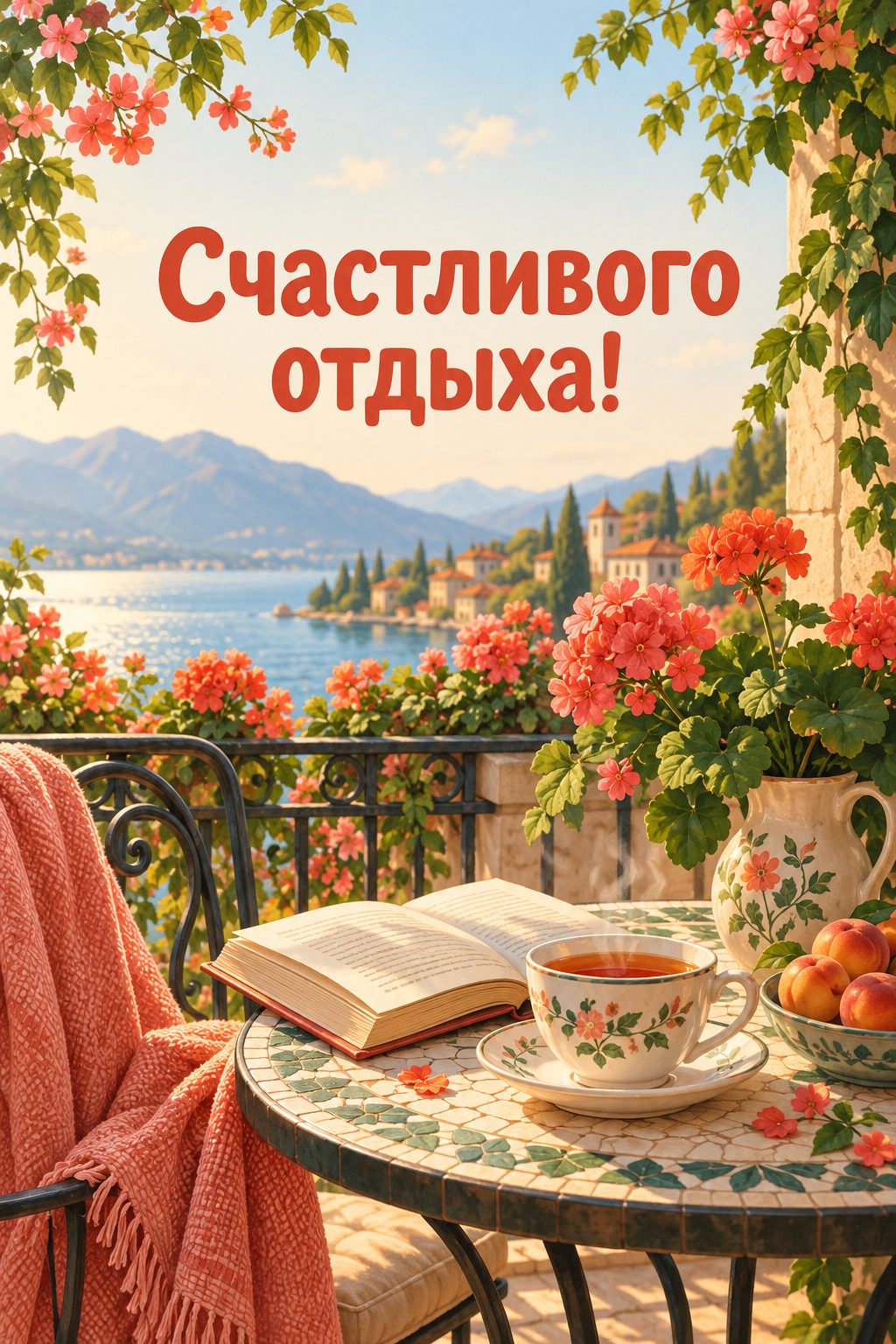 Открытка с выходом на пенсию: чашка чая и книга на балконе с цветущей геранью, надпись «Счастливого отдыха!»