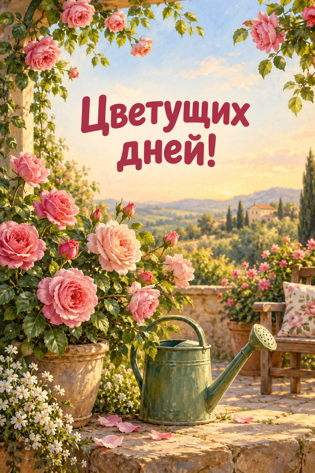 Открытка с выходом на пенсию: цветник с розами и старая лейка, надпись «Цветущих дней!»
