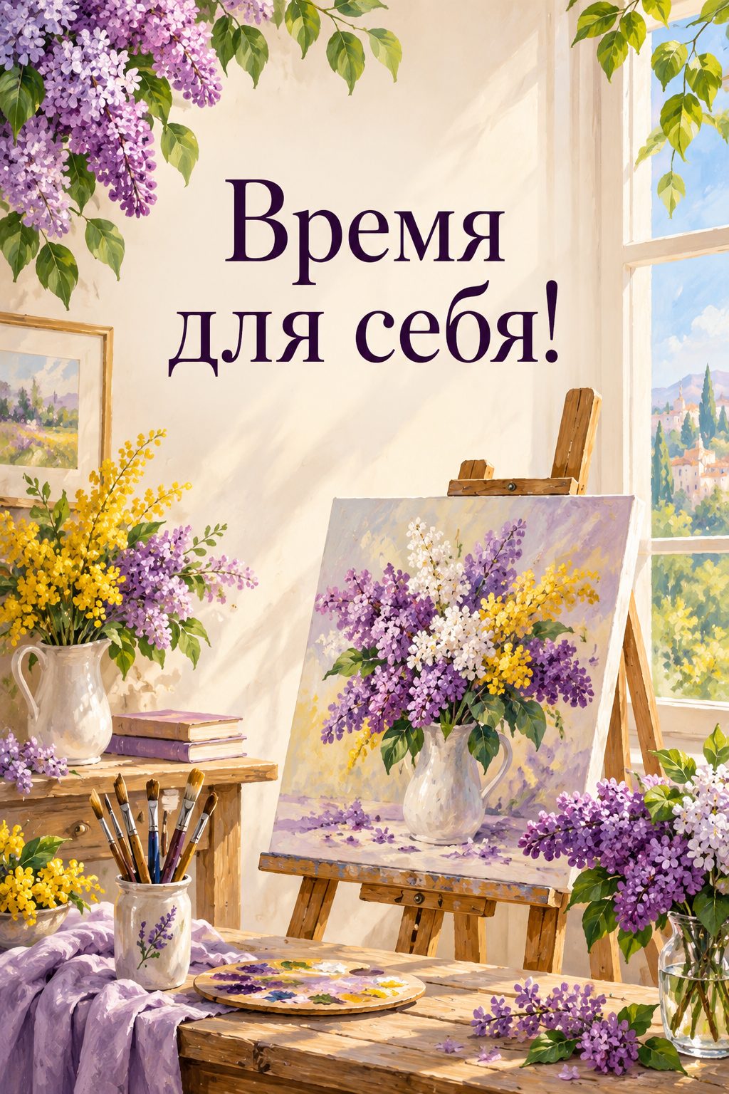 Открытка с выходом на пенсию: мольберт с цветочным этюдом в солнечной мастерской, надпись «Время для себя!»