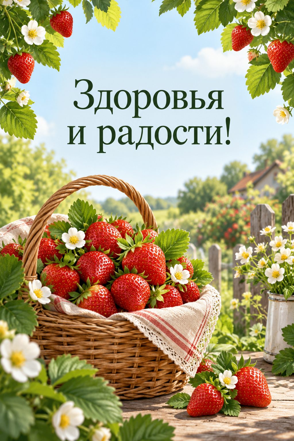 Открытка с выходом на пенсию: корзина клубники в летнем саду, надпись «Здоровья и радости!»
