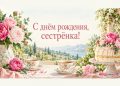 Открытка двоюродной сестре: чашки и торт с пионами на садовом столе
