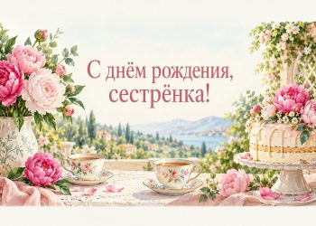 Открытка двоюродной сестре: чашки и торт с пионами на садовом столе