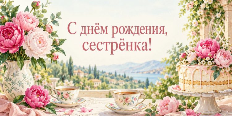 Открытка двоюродной сестре: чашки и торт с пионами на садовом столе