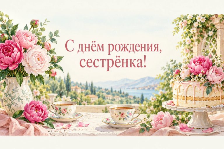 Открытка двоюродной сестре: чашки и торт с пионами на садовом столе
