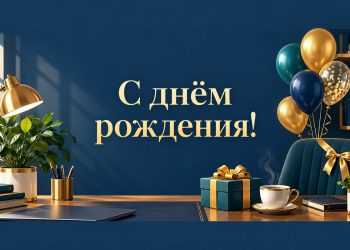 Открытка с днём рождения коллеге: рабочий стол с подарком и шарами