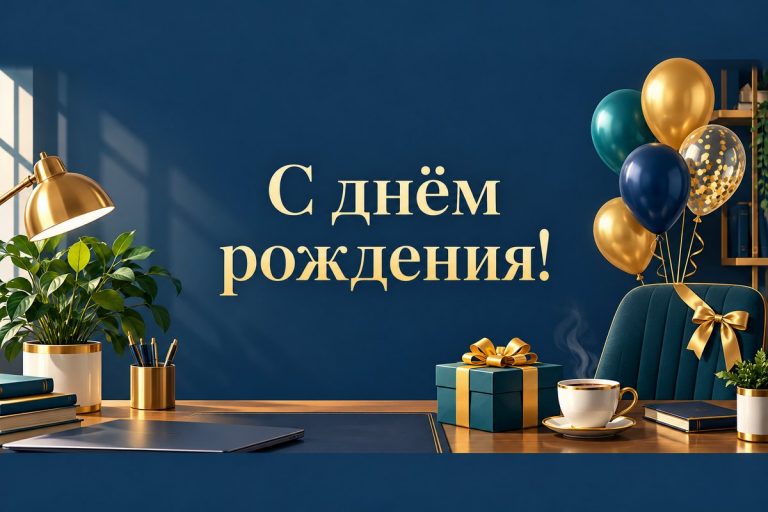 Открытка с днём рождения коллеге: рабочий стол с подарком и шарами