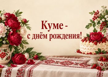 Открытка куме с днём рождения: букет пионов и торт на вышитой скатерти