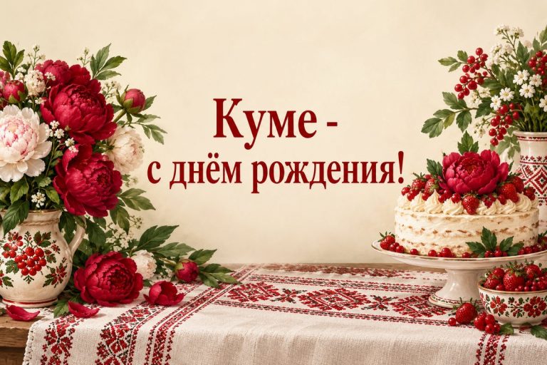Открытка куме с днём рождения: букет пионов и торт на вышитой скатерти