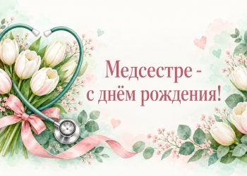 Открытка медсестре с днём рождения: стетоскоп в форме сердца и белые тюльпаны