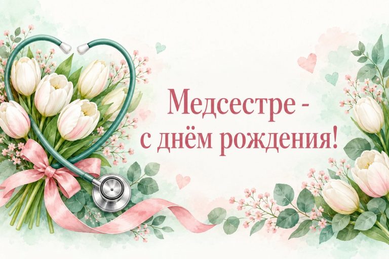 Открытка медсестре с днём рождения: стетоскоп в форме сердца и белые тюльпаны