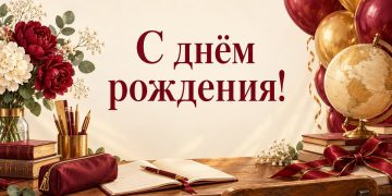Открытка с днём рождения однокласснику: школьная парта, глобус и шары