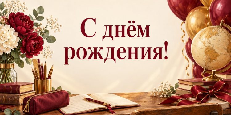 Открытка с днём рождения однокласснику: школьная парта, глобус и шары