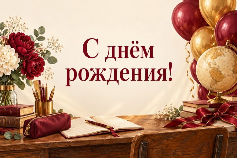 Открытка с днём рождения однокласснику: школьная парта, глобус и шары