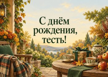 Открытка с днём рождения тестю: веранда с подарком, чаем и яблоками