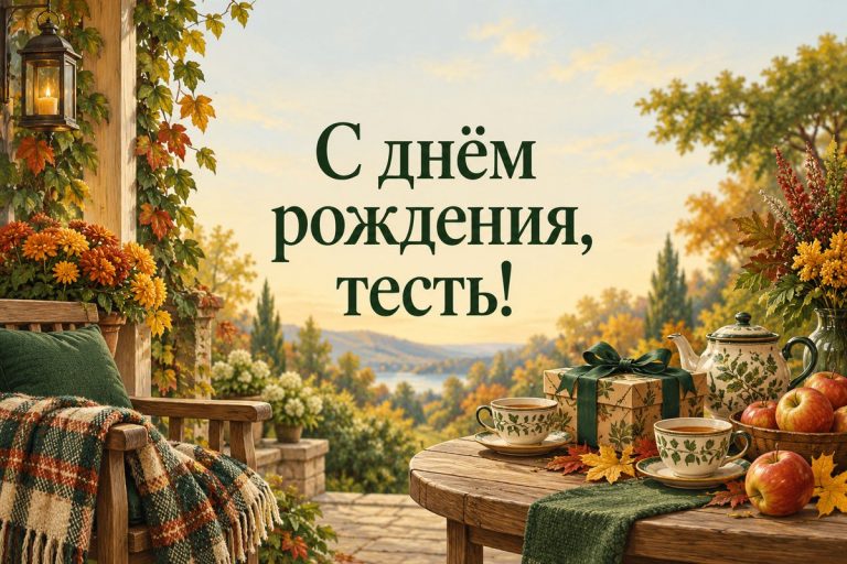 Открытка с днём рождения тестю: веранда с подарком, чаем и яблоками
