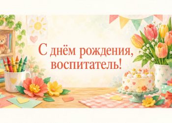 Открытка с днём рождения воспитателю: стол с карандашами, тюльпанами и тортом