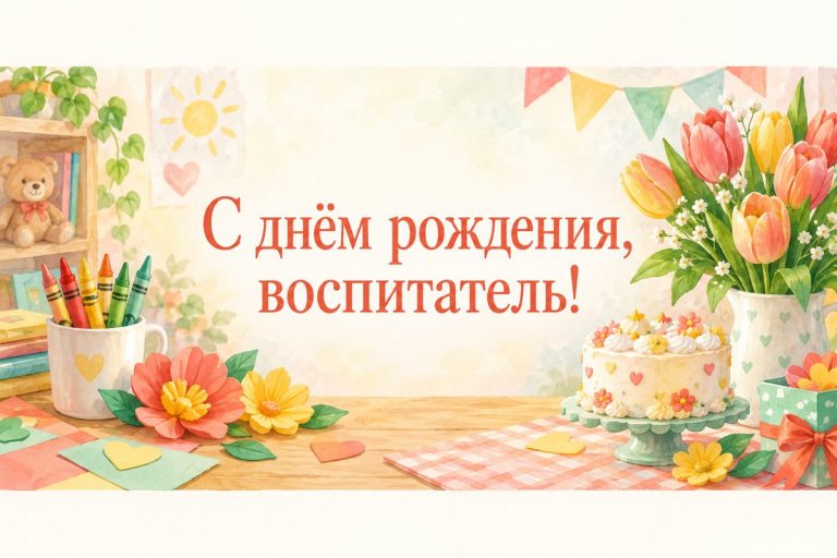 Открытка с днём рождения воспитателю: стол с карандашами, тюльпанами и тортом