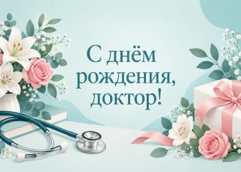 Открытка с днём рождения врачу: стетоскоп, цветы и подарок