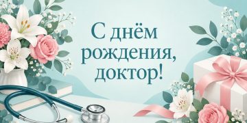 Открытка с днём рождения врачу: стетоскоп, цветы и подарок