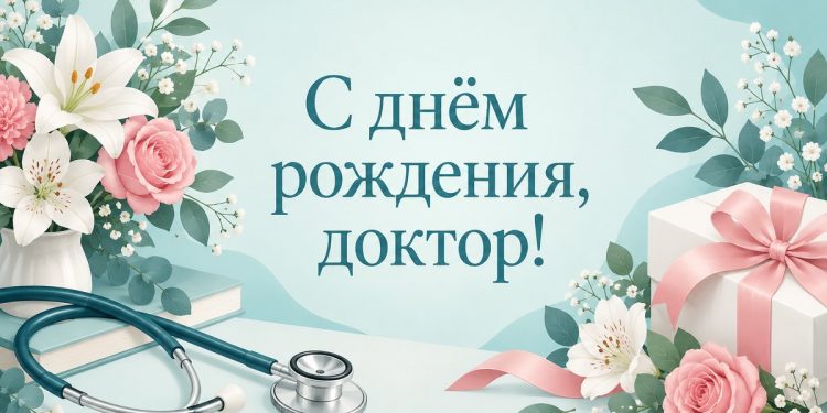 Открытка с днём рождения врачу: стетоскоп, цветы и подарок