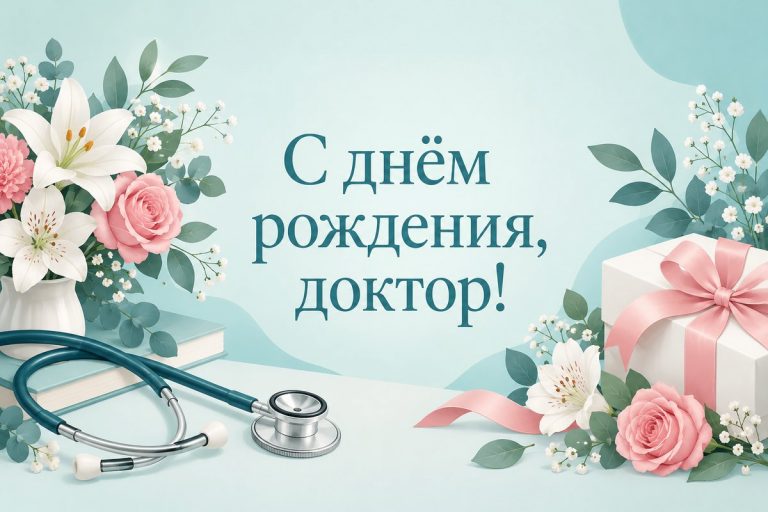 Открытка с днём рождения врачу: стетоскоп, цветы и подарок