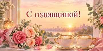 Открытка с годовщиной отношений: две чашки кофе с сердцем и розы на окне