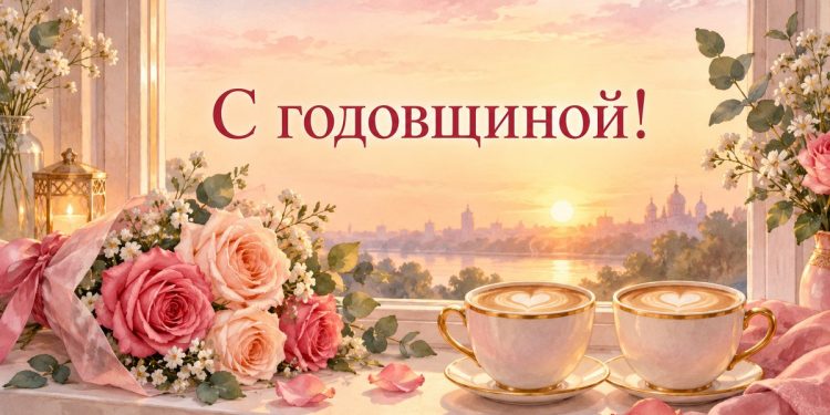 Открытка с годовщиной отношений: две чашки кофе с сердцем и розы на окне