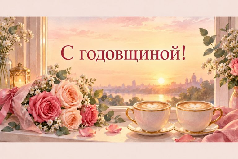 Открытка с годовщиной отношений: две чашки кофе с сердцем и розы на окне