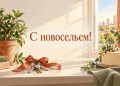 Открытка с новосельем: ключи с лентой на подоконнике новой квартиры