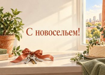 Открытка с новосельем: ключи с лентой на подоконнике новой квартиры