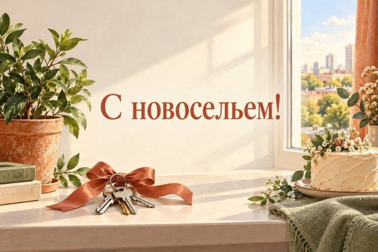 Открытка с новосельем: ключи с лентой на подоконнике новой квартиры